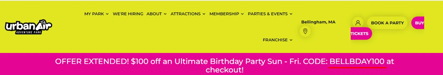 Urban Air Adventure Park promo code screenshot showing code BELLBDAY100 applied at Urban Air Adventure Park checkout page. Uploaded by SimplyCodes community member RonaldAcunaJr on Oct 15, 2025