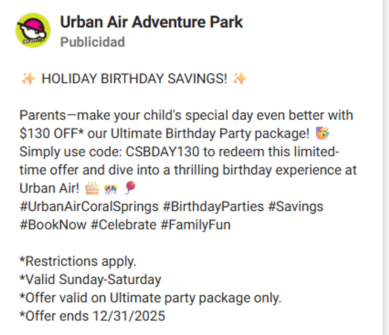Urban Air Adventure Park promo code screenshot showing code CSBDAY130 applied at Urban Air Adventure Park checkout page. Uploaded by SimplyCodes community member antonietarodriguez96 on Dec 11, 2025