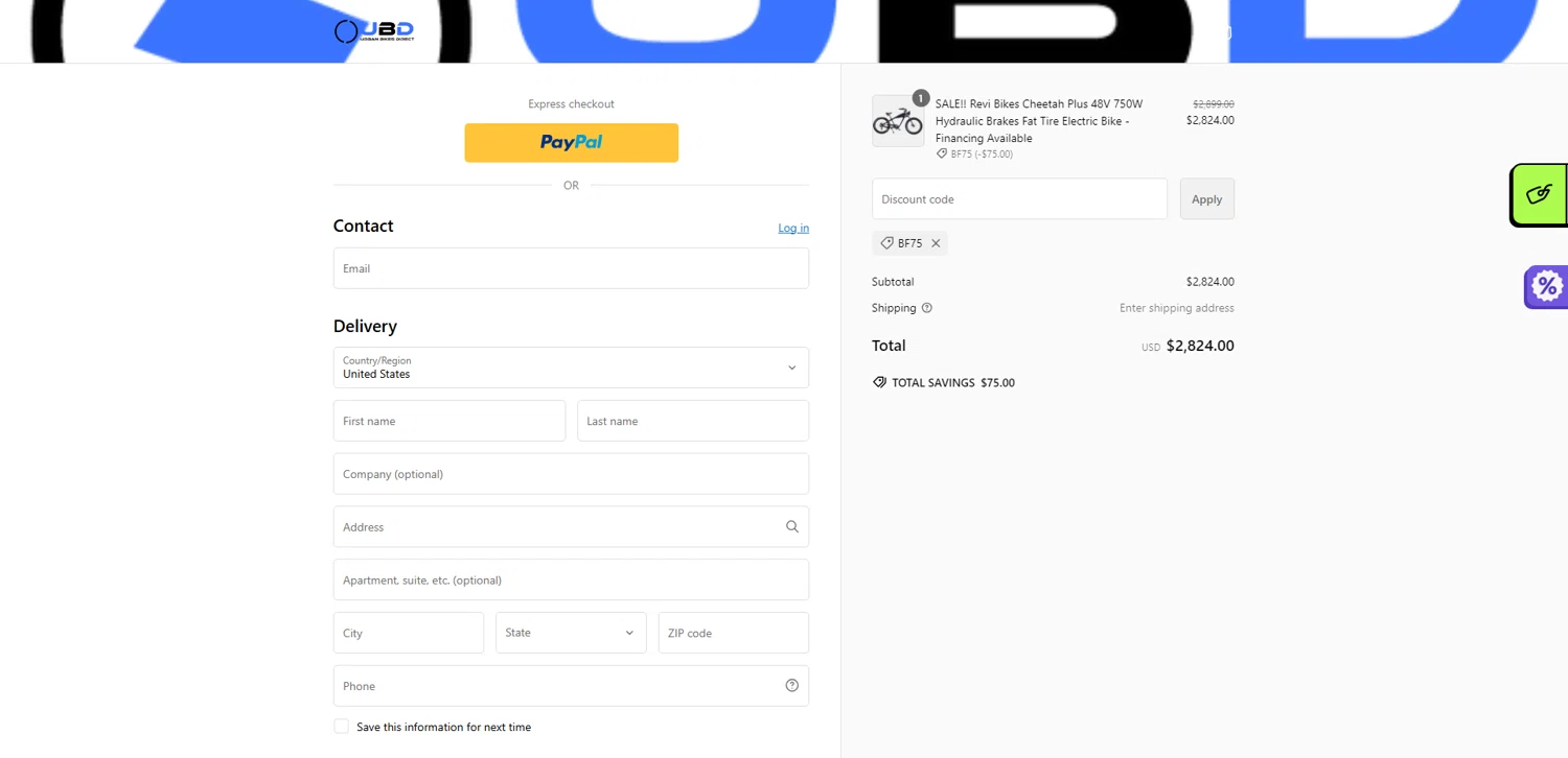 Urban Bikes Direct discount code screenshot showing code BF75 applied at Urban Bikes Direct checkout page. Uploaded by SimplyCodes community member pabloprieto on Nov 13, 2024