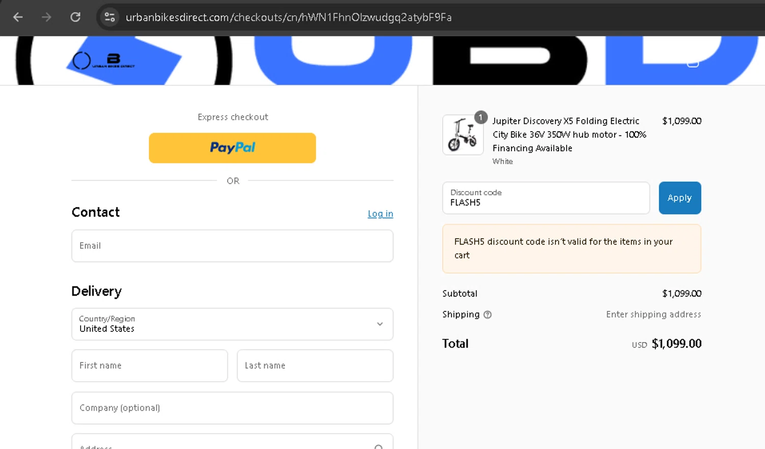 Urban Bikes Direct discount code screenshot showing code FLASH5 applied at Urban Bikes Direct checkout page. Uploaded by SimplyCodes community member BonusPro7395 on Jul 31, 2025