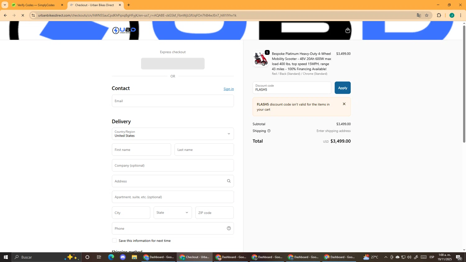 Urban Bikes Direct discount code screenshot showing code FLASH5 applied at Urban Bikes Direct checkout page. Uploaded by SimplyCodes community member DealScout5970 on Nov 19, 2025