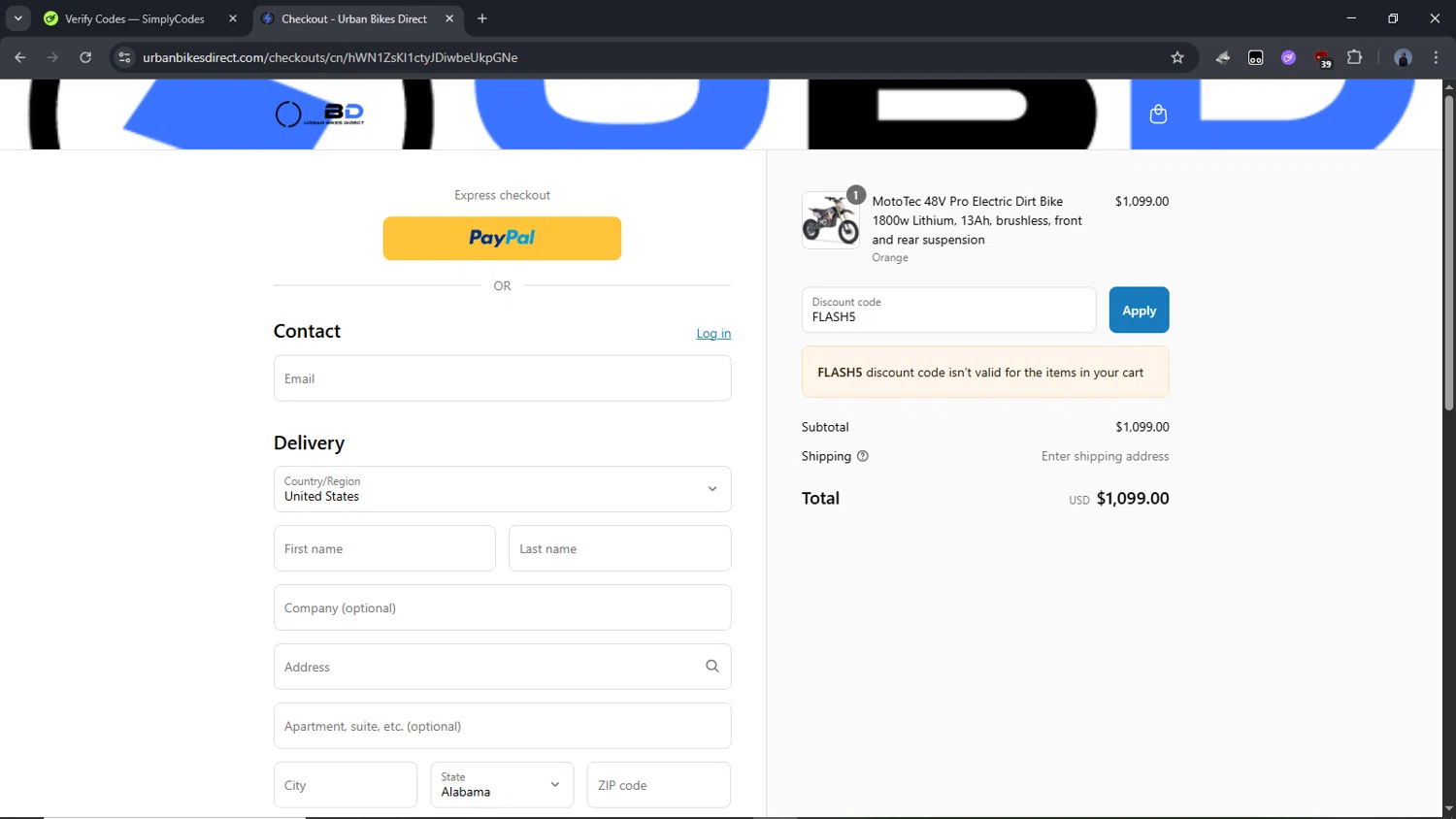 Urban Bikes Direct discount code screenshot showing code FLASH5 applied at Urban Bikes Direct checkout page. Uploaded by SimplyCodes community member Time_sin_filtro on Aug 8, 2025