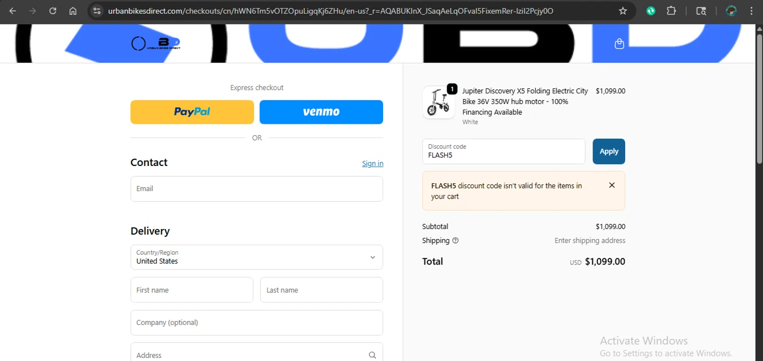 Urban Bikes Direct checkout page showing Urban Bikes Direct discount code box | Screenshot taken by SimplyCodes community member on Dec 16, 2025