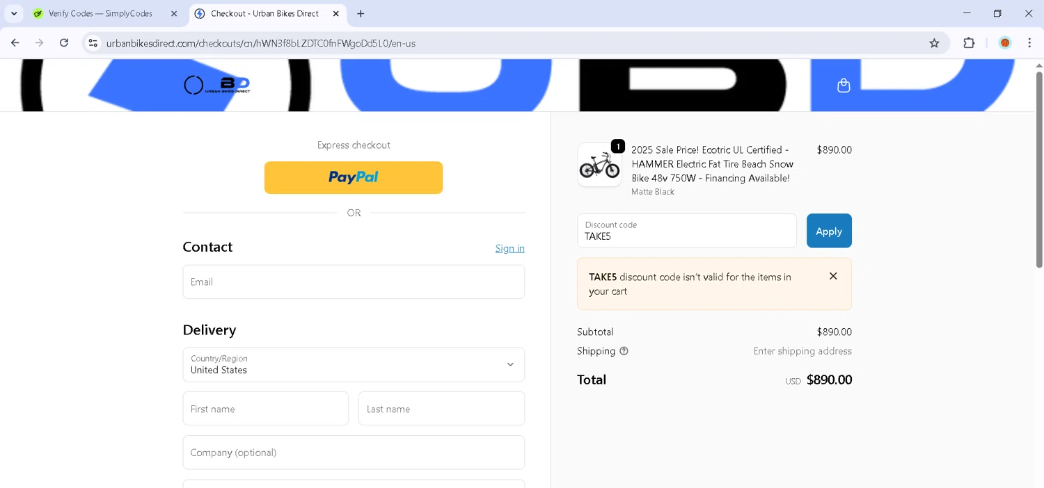 Urban Bikes Direct discount code screenshot showing code TAKE5 applied at Urban Bikes Direct checkout page. Uploaded by SimplyCodes community member Estefani4 on Oct 2, 2025