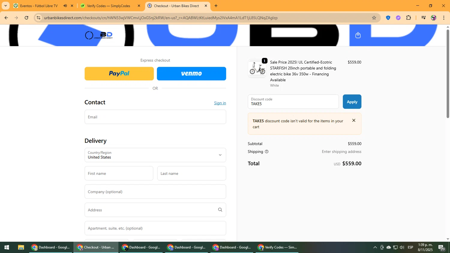 Urban Bikes Direct discount code screenshot showing code TAKE5 applied at Urban Bikes Direct checkout page. Uploaded by SimplyCodes community member Vanmanuel on Nov 8, 2025