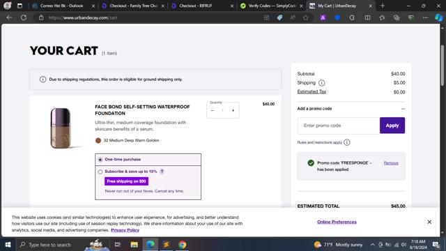 Urban Decay checkout page showing Urban Decay coupon code box | Screenshot taken by SimplyCodes community member on Aug 18, 2024