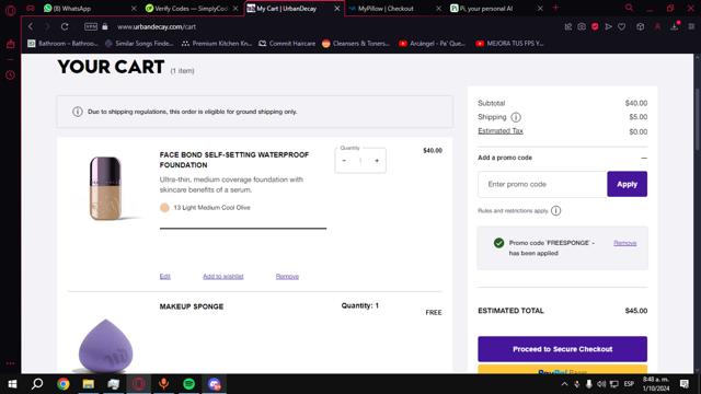 Urban Decay checkout page showing Urban Decay coupon code box | Screenshot taken by SimplyCodes community member on Oct 1, 2024