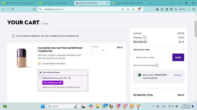 Urban Decay checkout page showing Urban Decay coupon code box | Screenshot taken by SimplyCodes community member on Oct 23, 2024