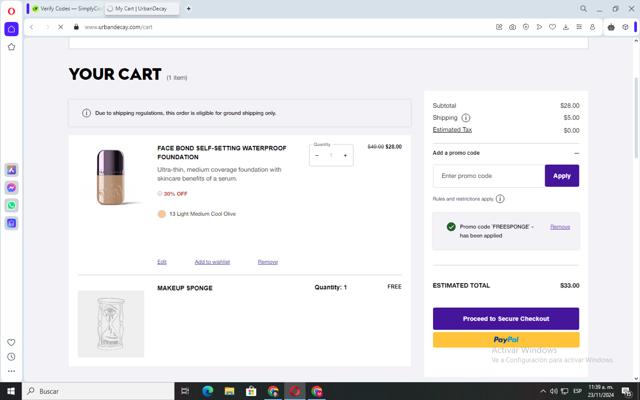 Urban Decay checkout page showing Urban Decay coupon code box | Screenshot taken by SimplyCodes community member on Nov 23, 2024