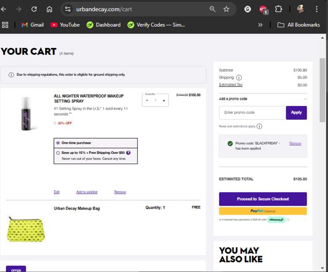 Urban Decay checkout page showing Urban Decay coupon code box | Screenshot taken by SimplyCodes community member on Nov 22, 2024