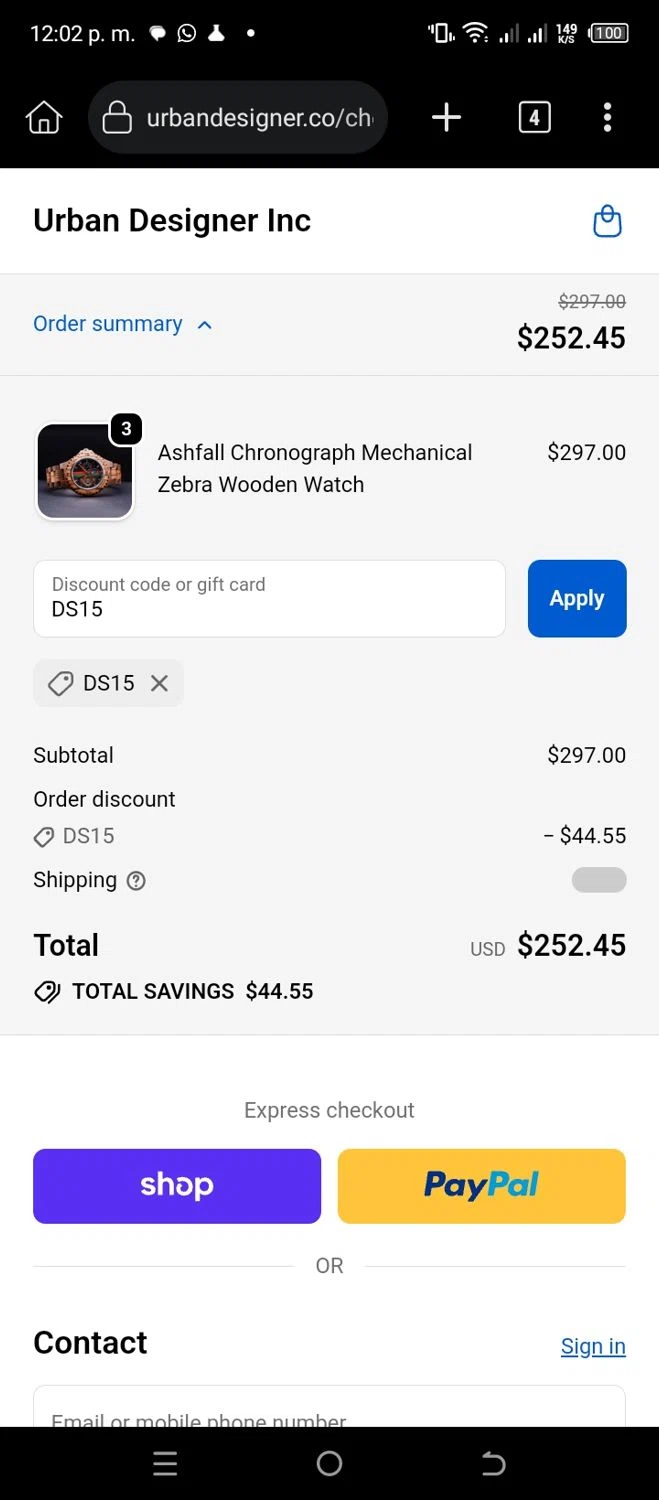 Urban Designer promo code screenshot showing code DS15 applied at Urban Designer checkout page. Uploaded by SimplyCodes community member CleverSleuth6613 on Dec 26, 2025