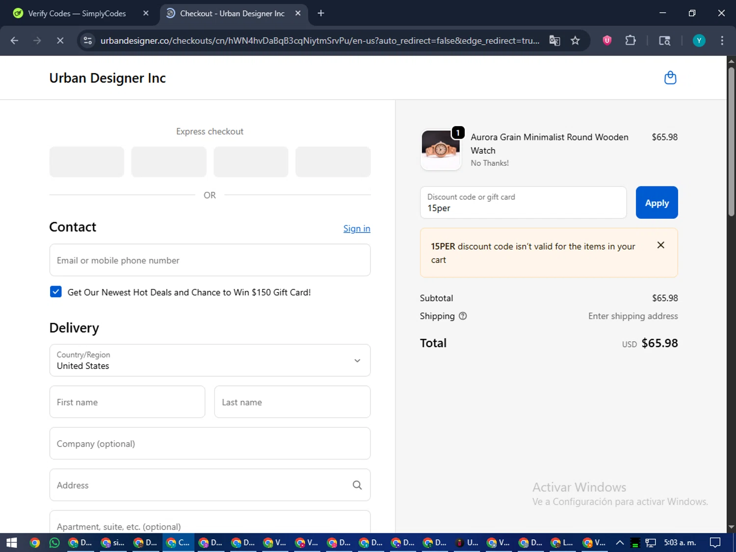 Urban Designer promo code screenshot showing code 15per applied at Urban Designer checkout page. Uploaded by SimplyCodes community member RoyalEagle4794 on Oct 30, 2025