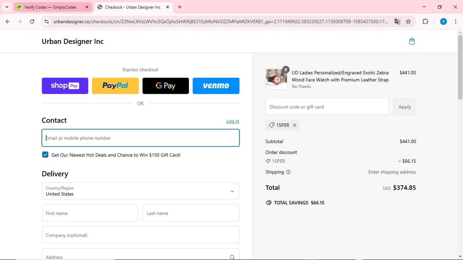 Urban Designer promo code screenshot showing code 15per applied at Urban Designer checkout page. Uploaded by SimplyCodes community member QuestOwl6398 on Feb 11, 2025