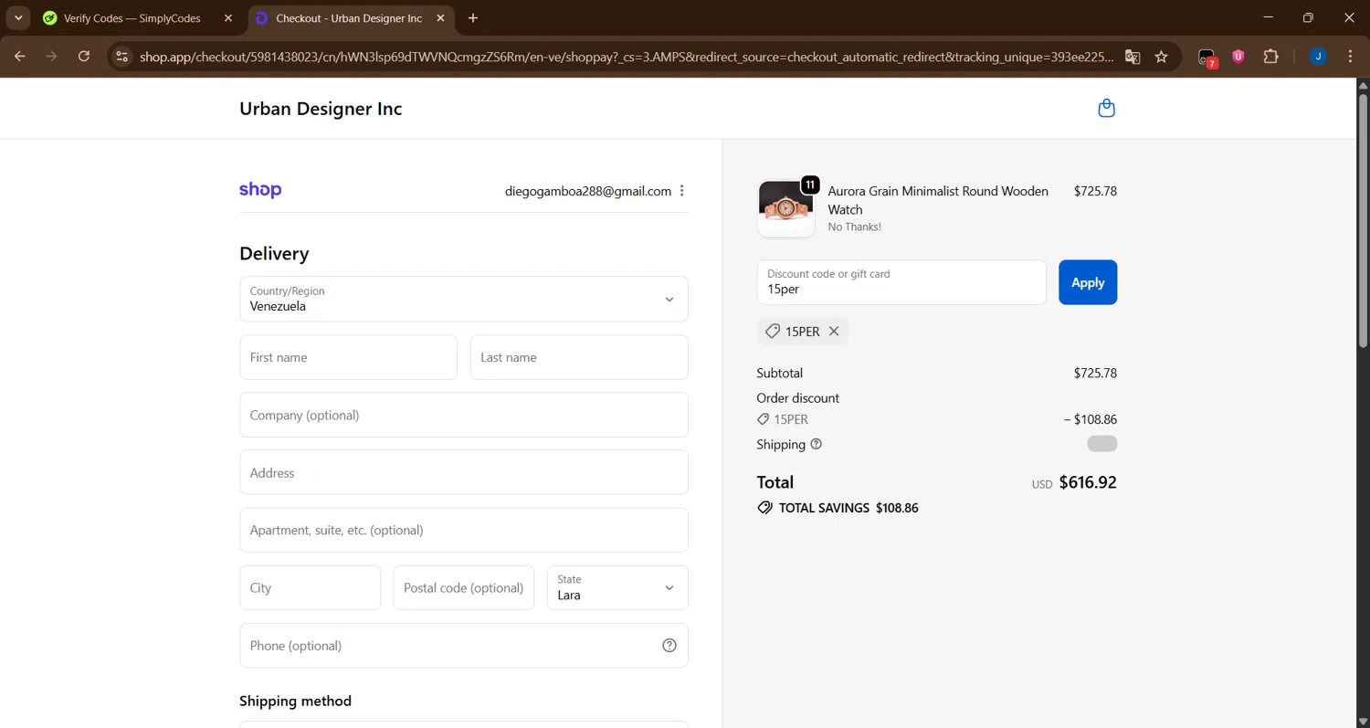Urban Designer promo code screenshot showing code 15per applied at Urban Designer checkout page. Uploaded by SimplyCodes community member cesar26 on Oct 5, 2025