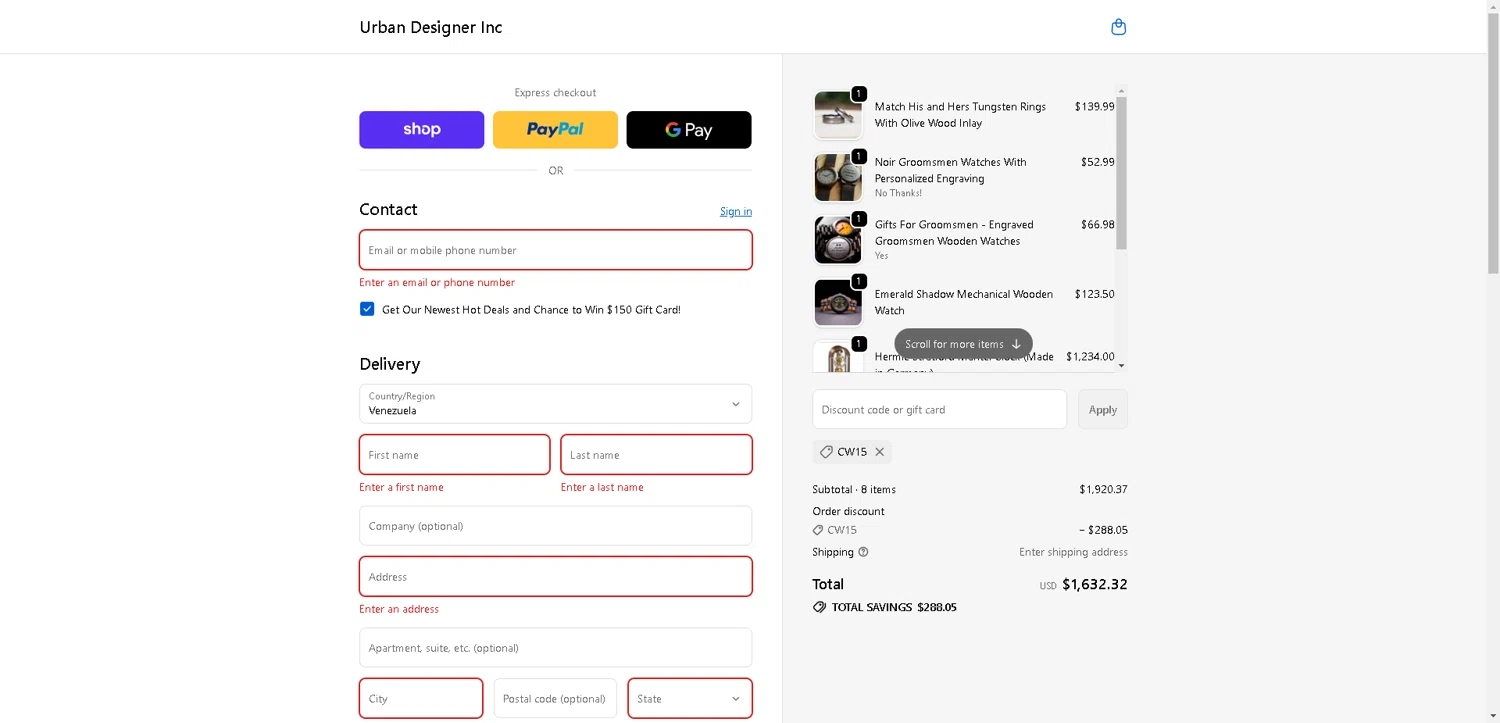 Urban Designer promo code screenshot showing code CW15 applied at Urban Designer checkout page. Uploaded by SimplyCodes community member CleverLynx8583 on Nov 12, 2025