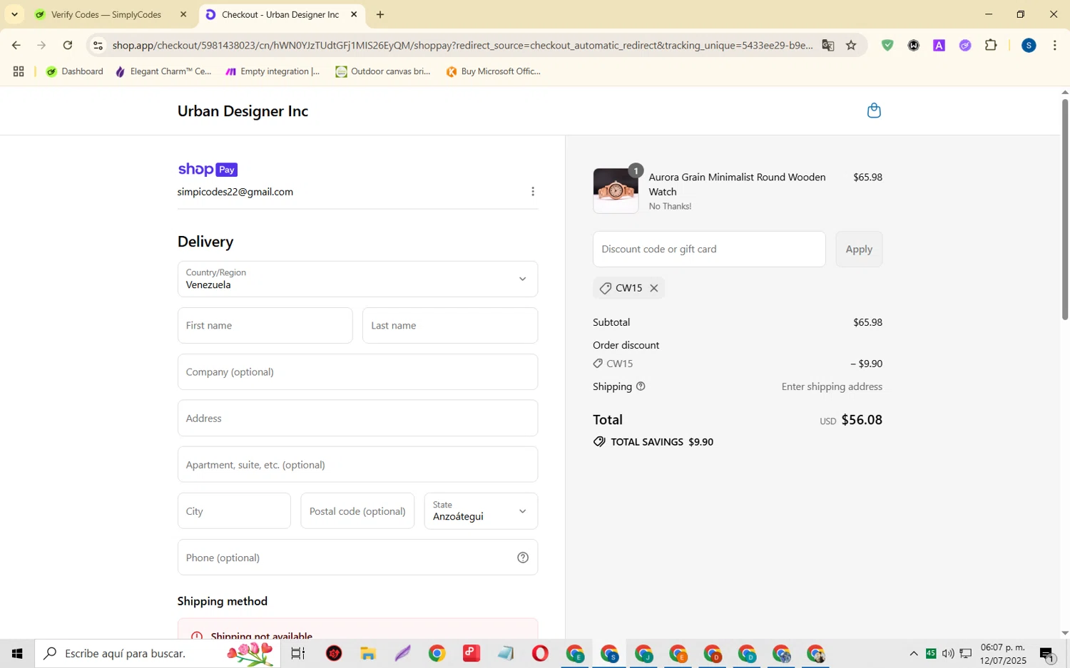 Urban Designer promo code screenshot showing code CW15 applied at Urban Designer checkout page. Uploaded by SimplyCodes community member CleverOwl2485 on Jul 12, 2025