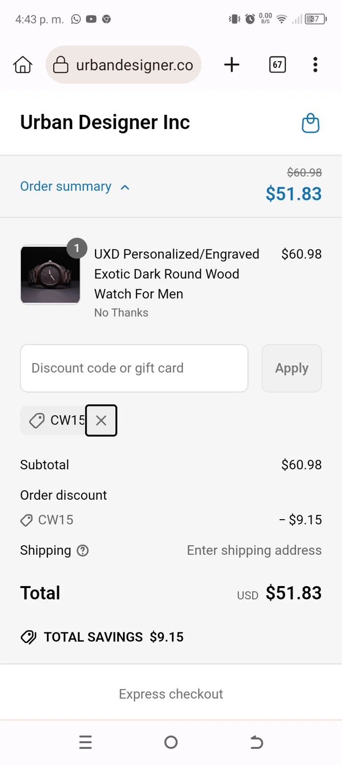 Urban Designer promo code screenshot showing code CW15 applied at Urban Designer checkout page. Uploaded by SimplyCodes community member Typer19 on Apr 16, 2025