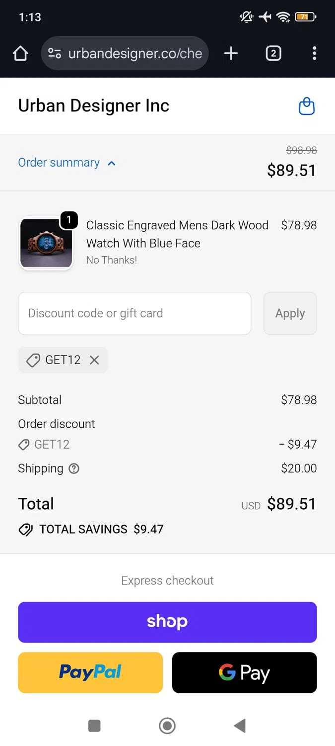 Urban Designer promo code screenshot showing code GET12 applied at Urban Designer checkout page. Uploaded by SimplyCodes community member RoyalSpotter5217 on Oct 5, 2025
