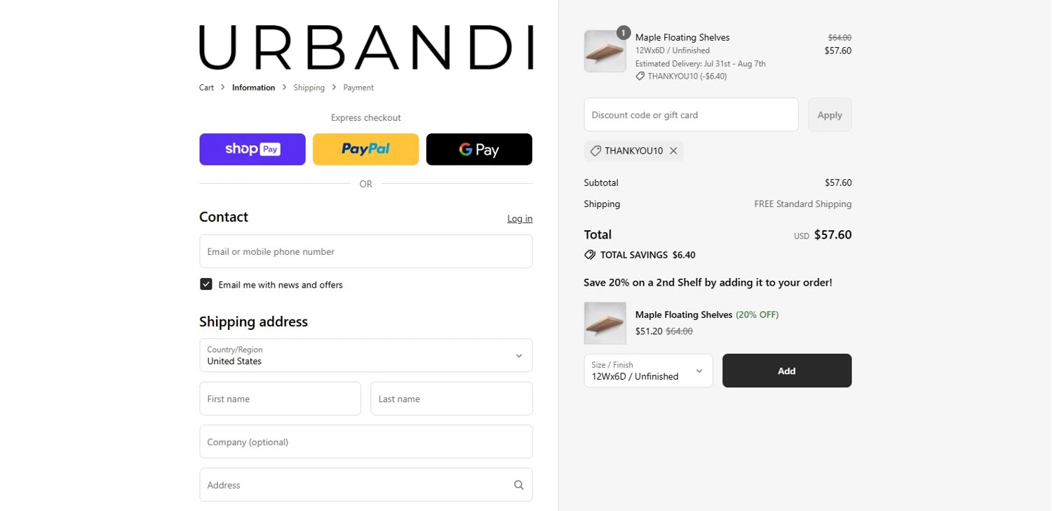 Urbandi discount code screenshot showing code THANKYOU10 applied at Urbandi checkout page. Uploaded by SimplyCodes community member kalltrom21 on Jul 21, 2025