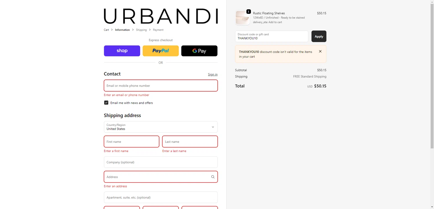 Urbandi discount code screenshot showing code THANKYOU10 applied at Urbandi checkout page. Uploaded by SimplyCodes community member EpicEagle816 on Nov 9, 2025