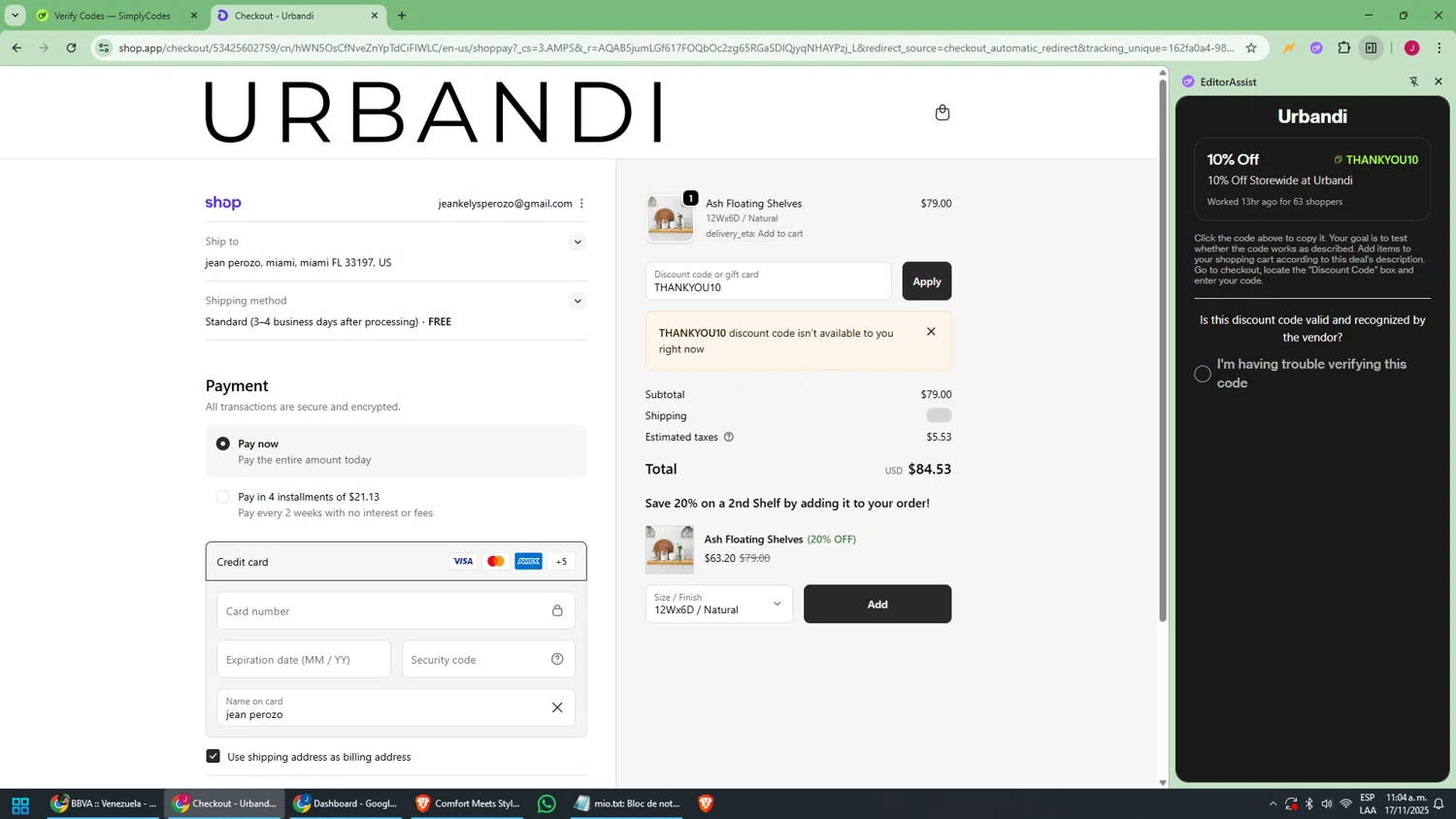 Urbandi discount code screenshot showing code THANKYOU10 applied at Urbandi checkout page. Uploaded by SimplyCodes community member joaojesus on Nov 17, 2025