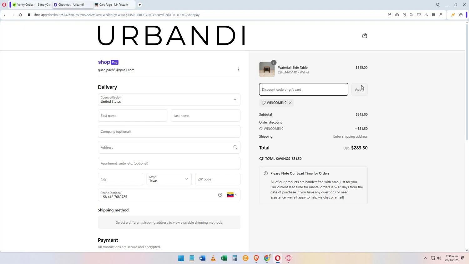 Urbandi discount code screenshot showing code WELCOME10 applied at Urbandi checkout page. Uploaded by SimplyCodes community member Darkosukaru on Mar 20, 2025