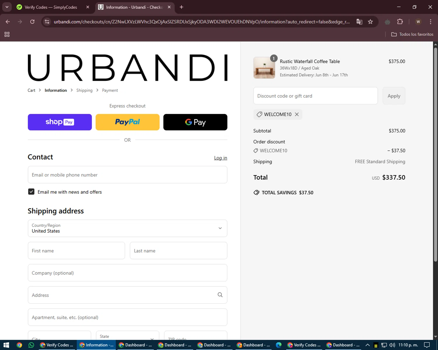 Urbandi discount code screenshot showing code WELCOME10 applied at Urbandi checkout page. Uploaded by SimplyCodes community member DealMaestro2101 on May 21, 2025
