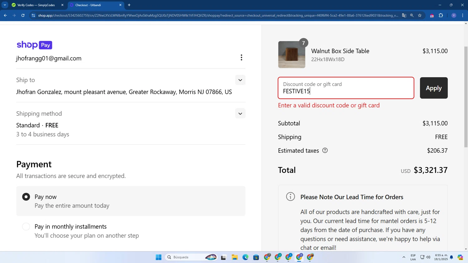 Urbandi discount code screenshot showing code FESTIVE15 applied at Urbandi checkout page. Uploaded by SimplyCodes community member LiaGGG on Jan 19, 2025