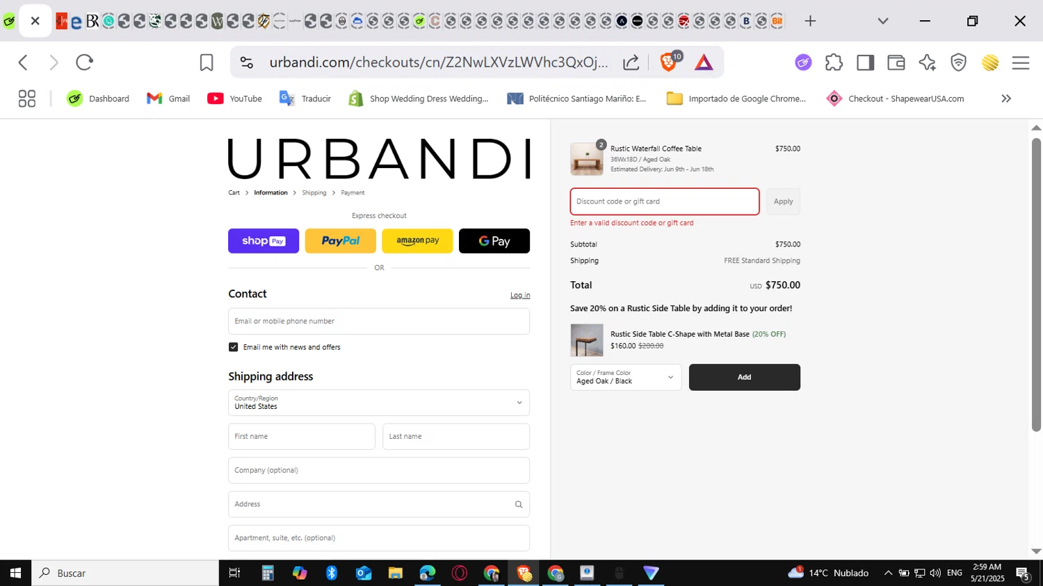 Urbandi discount code screenshot showing code TAYLORINTERIOR applied at Urbandi checkout page. Uploaded by SimplyCodes community member conorgrey on May 21, 2025