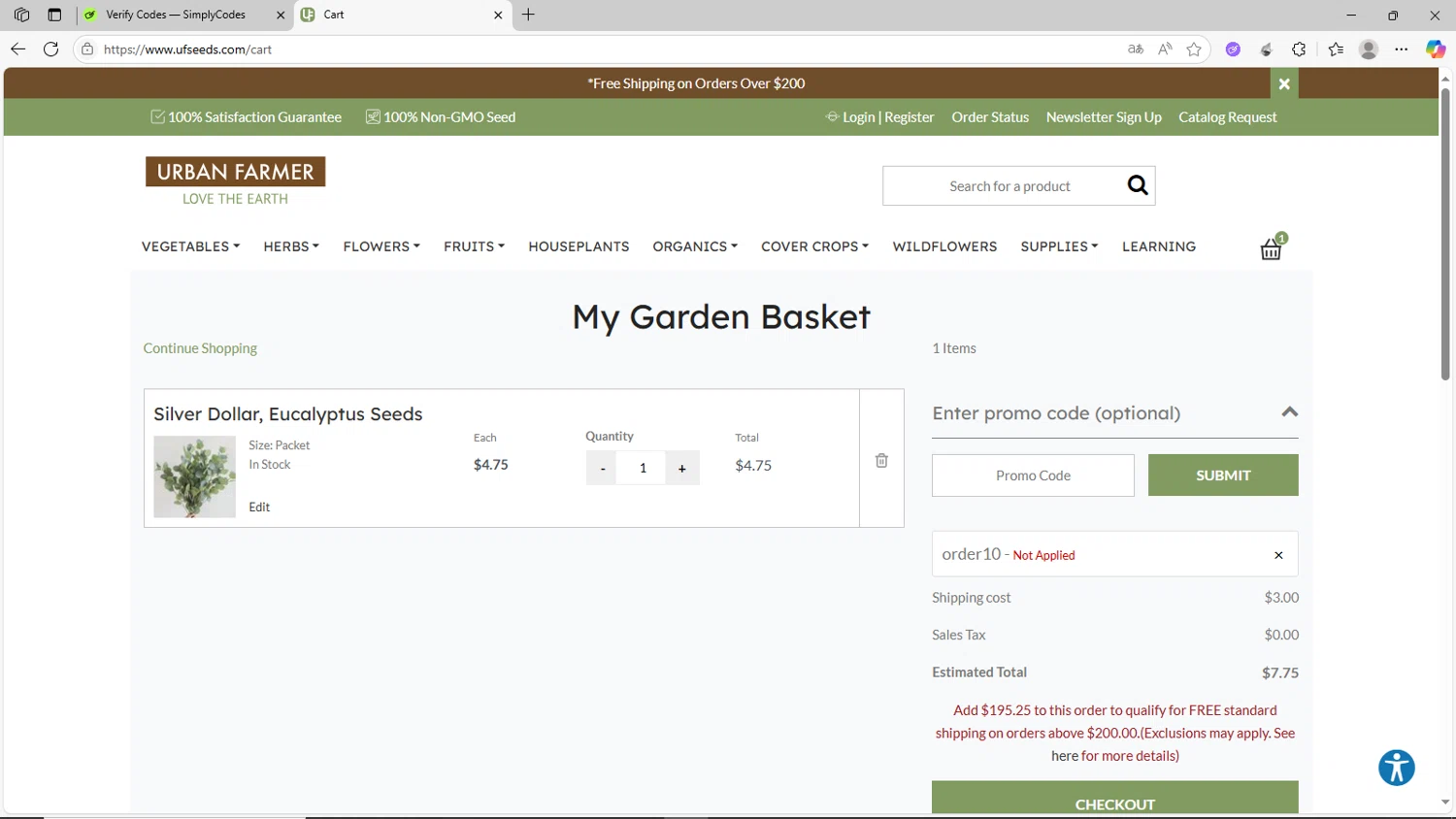 Urban Farmer promo code screenshot showing code ORDER10 applied at Urban Farmer checkout page. Uploaded by SimplyCodes community member CrownShopper2899 on Jun 25, 2025
