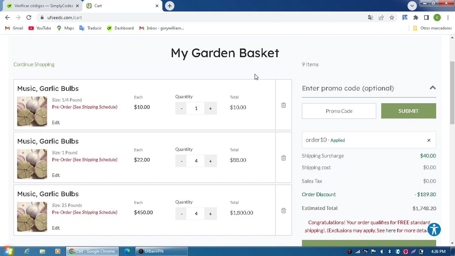 Urban Farmer promo code screenshot showing code ORDER10 applied at Urban Farmer checkout page. Uploaded by SimplyCodes community member MagnificentPilot8371 on Jun 18, 2025