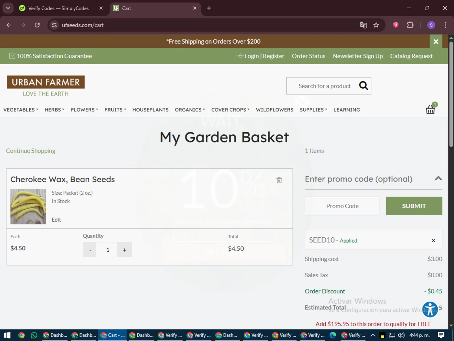 Urban Farmer promo code screenshot showing code SEED10 applied at Urban Farmer checkout page. Uploaded by SimplyCodes community member LuckyVoyager688 on Jun 25, 2025
