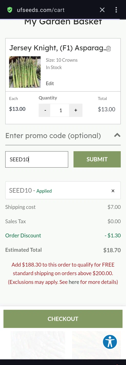 Urban Farmer promo code screenshot showing code SEED10 applied at Urban Farmer checkout page. Uploaded by SimplyCodes community member Olivatle37 on May 14, 2025