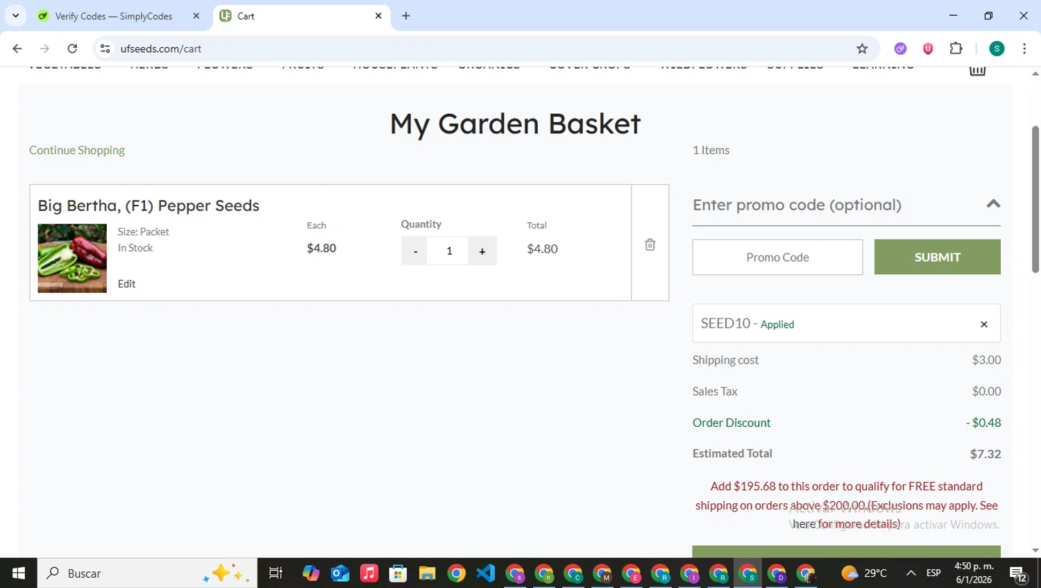 Urban Farmer promo code screenshot showing code SEED10 applied at Urban Farmer checkout page. Uploaded by SimplyCodes community member VictoriousPilot5281 on Jan 6, 2026