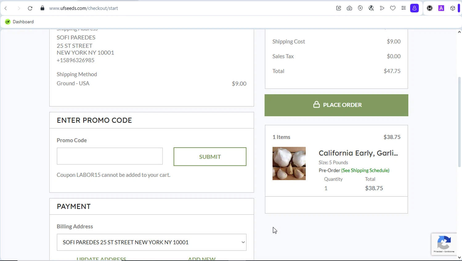 Urban Farmer promo code screenshot showing code LABOR15 applied at Urban Farmer checkout page. Uploaded by SimplyCodes community member PrincessCoupon on Sep 15, 2025
