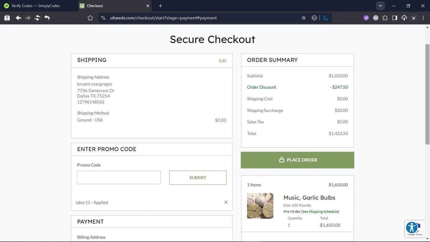 Urban Farmer checkout page showing Urban Farmer promo code box | Screenshot taken by SimplyCodes community member on Aug 30, 2025