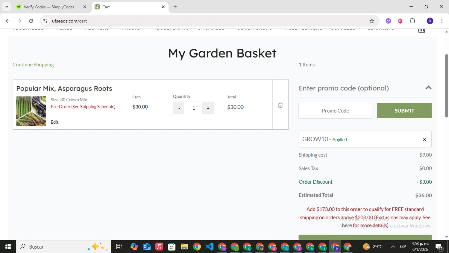 Urban Farmer checkout page showing Urban Farmer promo code box | Screenshot taken by SimplyCodes community member on Jan 6, 2026