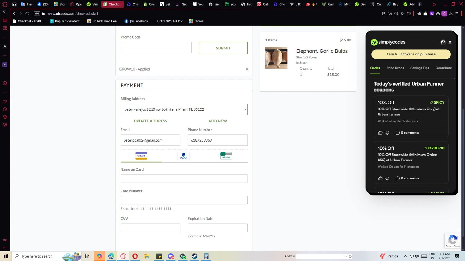Urban Farmer promo code screenshot showing code GROW10 applied at Urban Farmer checkout page. Uploaded by SimplyCodes community member ricardoramirez1 on Feb 1, 2025