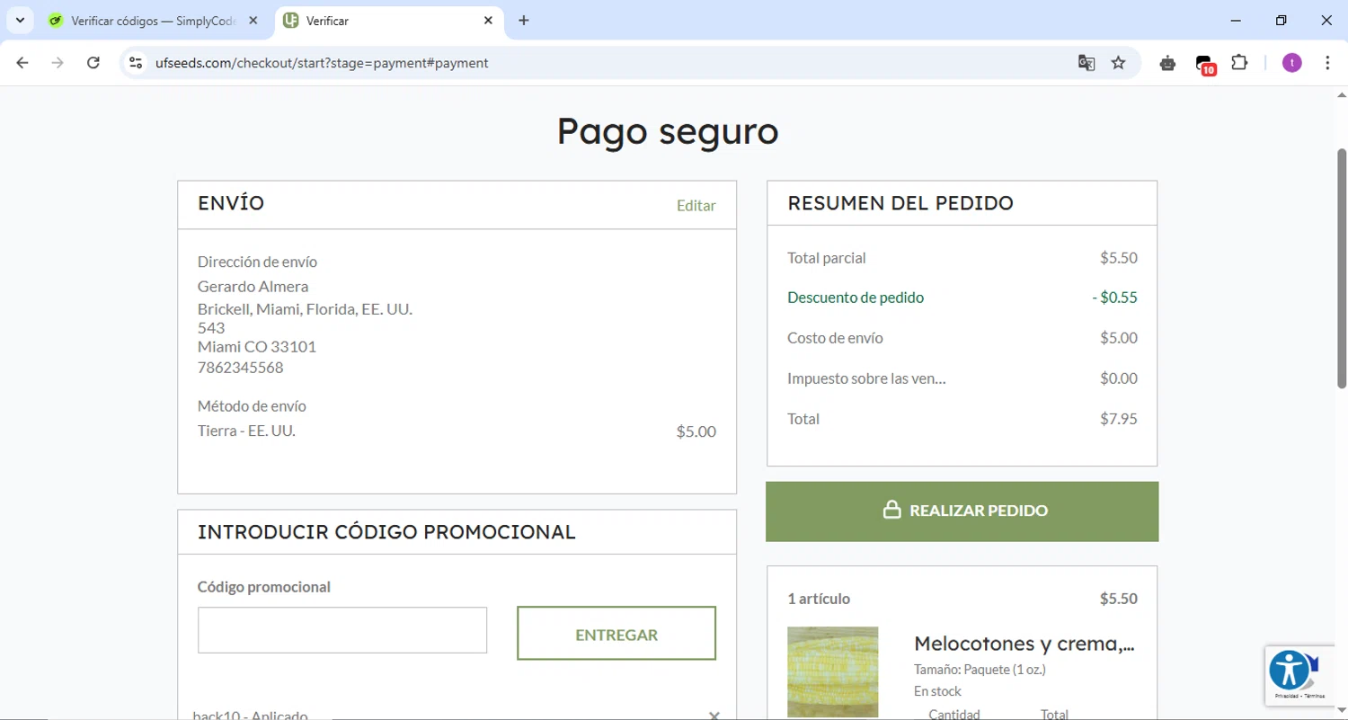 Urban Farmer promo code screenshot showing code BACK10 applied at Urban Farmer checkout page. Uploaded by SimplyCodes community member Francisco on May 14, 2025
