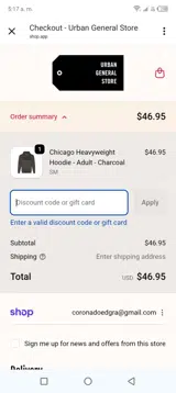 Urban General Store coupon verification screenshot