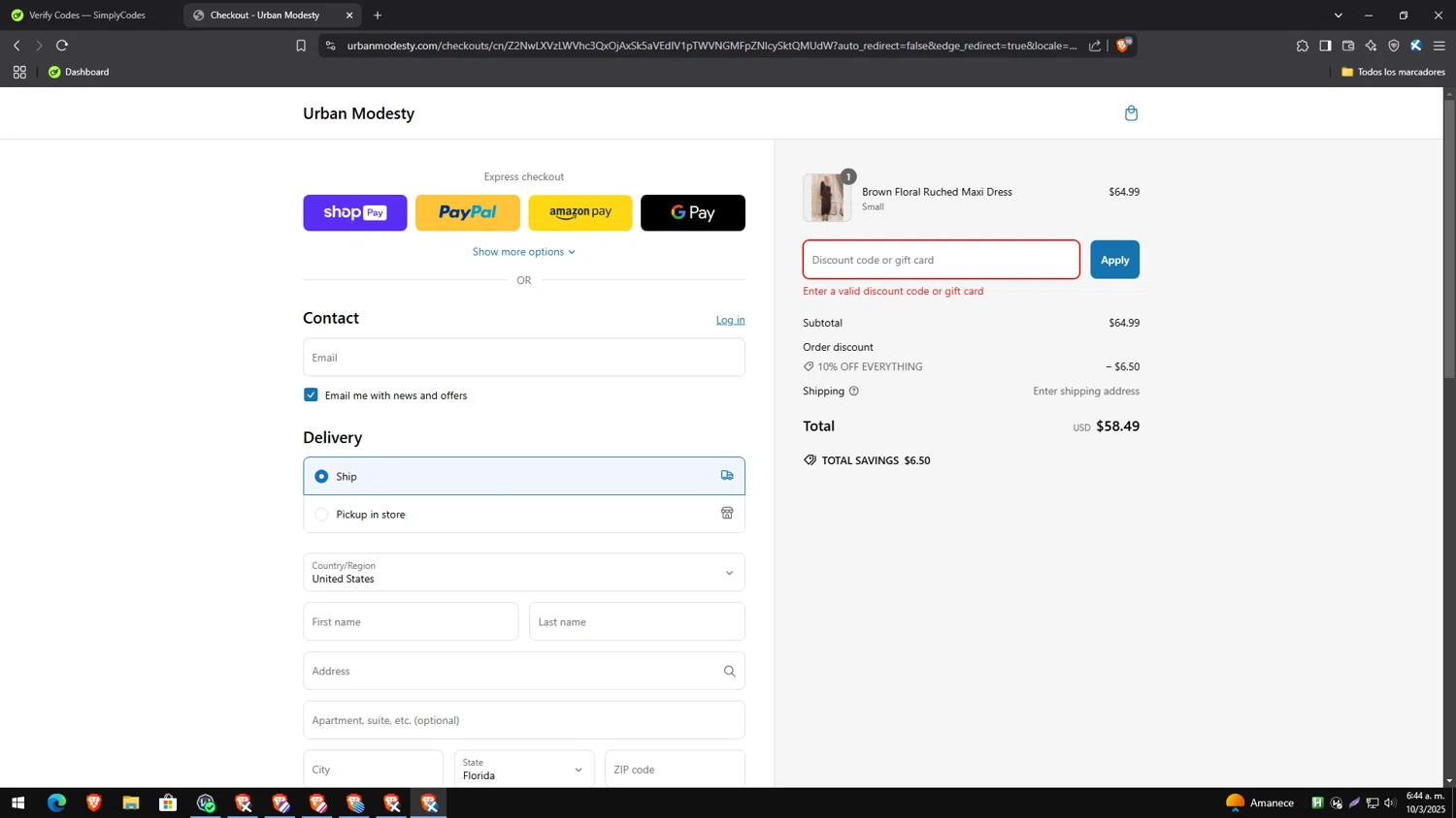 Urban Modesty discount code screenshot showing code ramadan20 applied at Urban Modesty checkout page. Uploaded by SimplyCodes community member PrimeExpert2544 on Mar 10, 2025
