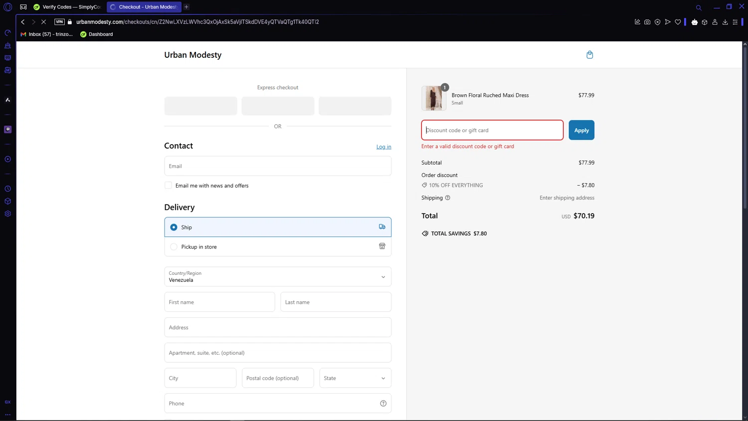 Urban Modesty discount code screenshot showing code ramadan20 applied at Urban Modesty checkout page. Uploaded by SimplyCodes community member VictoriousCaptain3902 on Mar 10, 2025