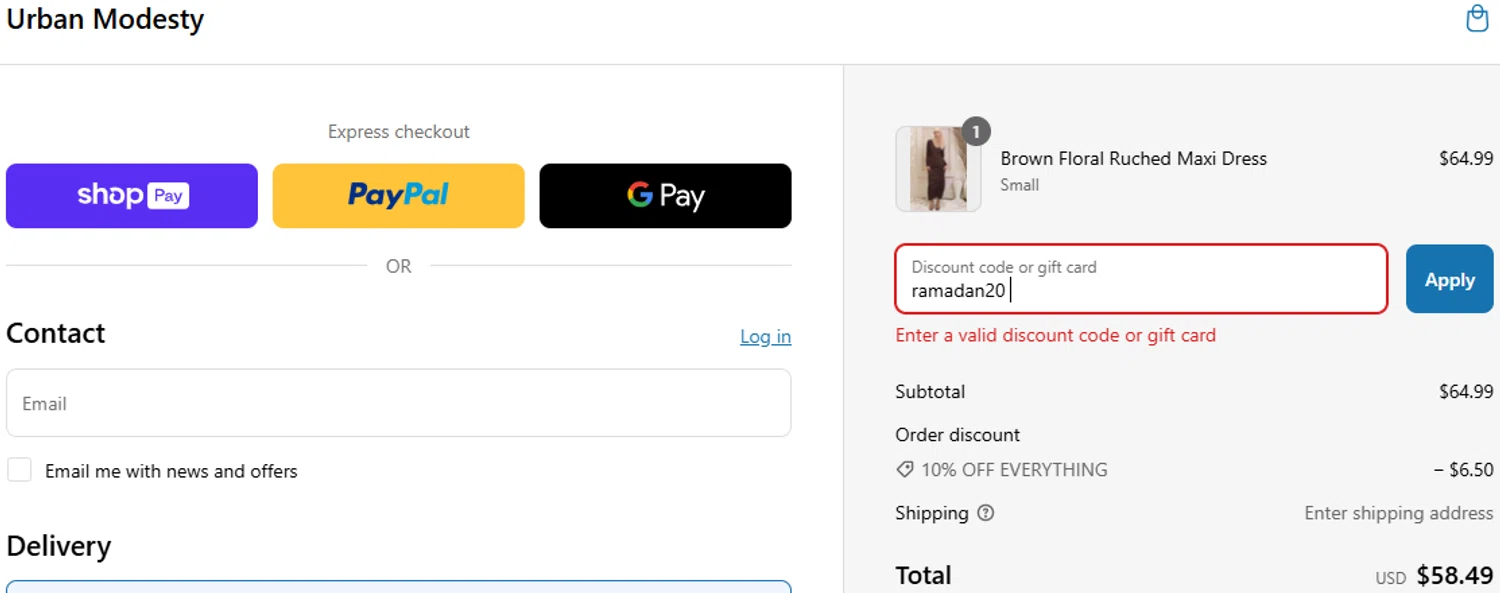 Urban Modesty discount code screenshot showing code ramadan20 applied at Urban Modesty checkout page. Uploaded by SimplyCodes community member GloriousCollector9521 on Mar 10, 2025