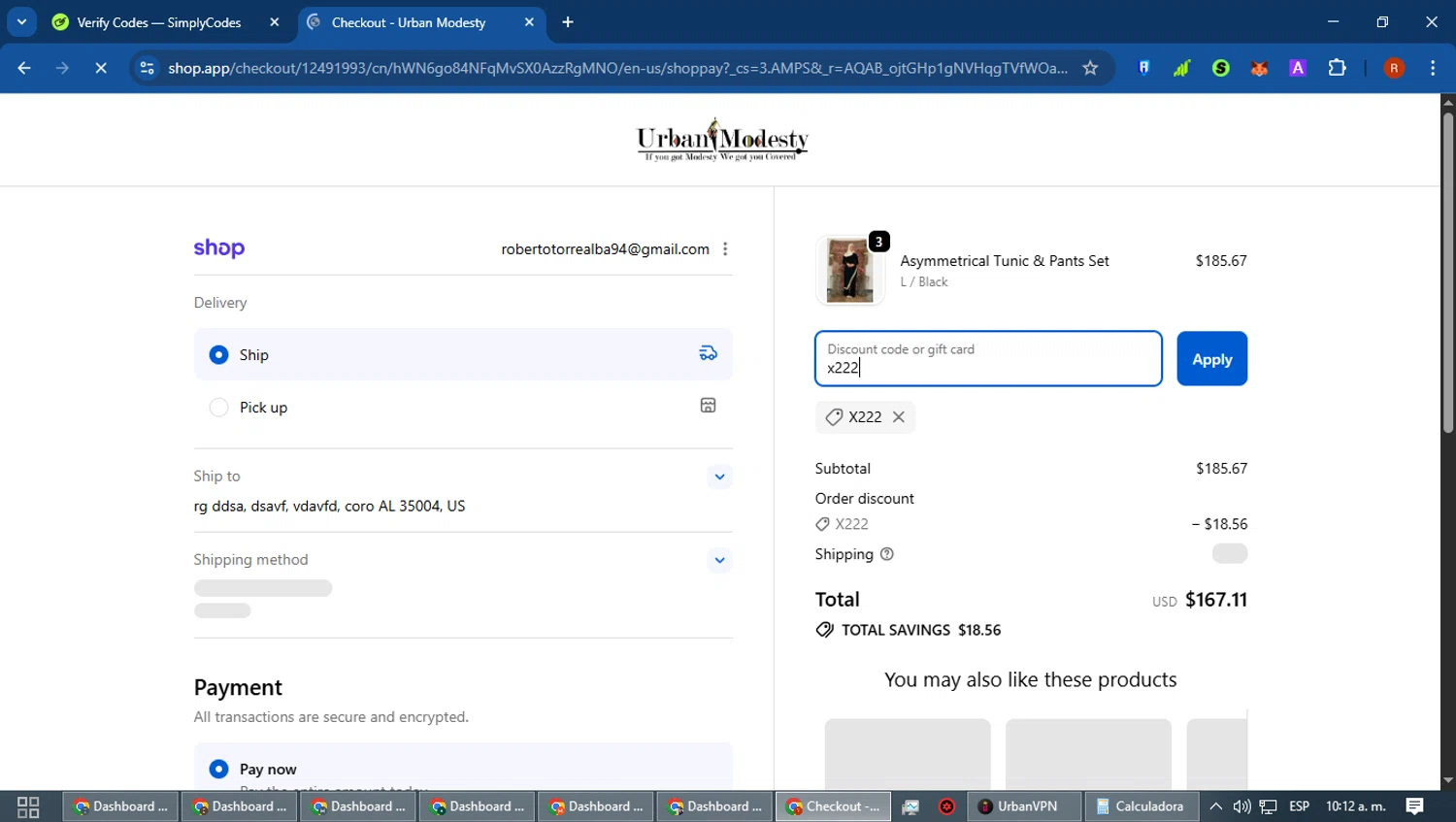 Urban Modesty discount code screenshot showing code x222 applied at Urban Modesty checkout page. Uploaded by SimplyCodes community member robertotorrealba on Dec 21, 2025