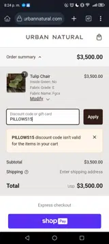 PILLOWS15 coupon verification screenshot