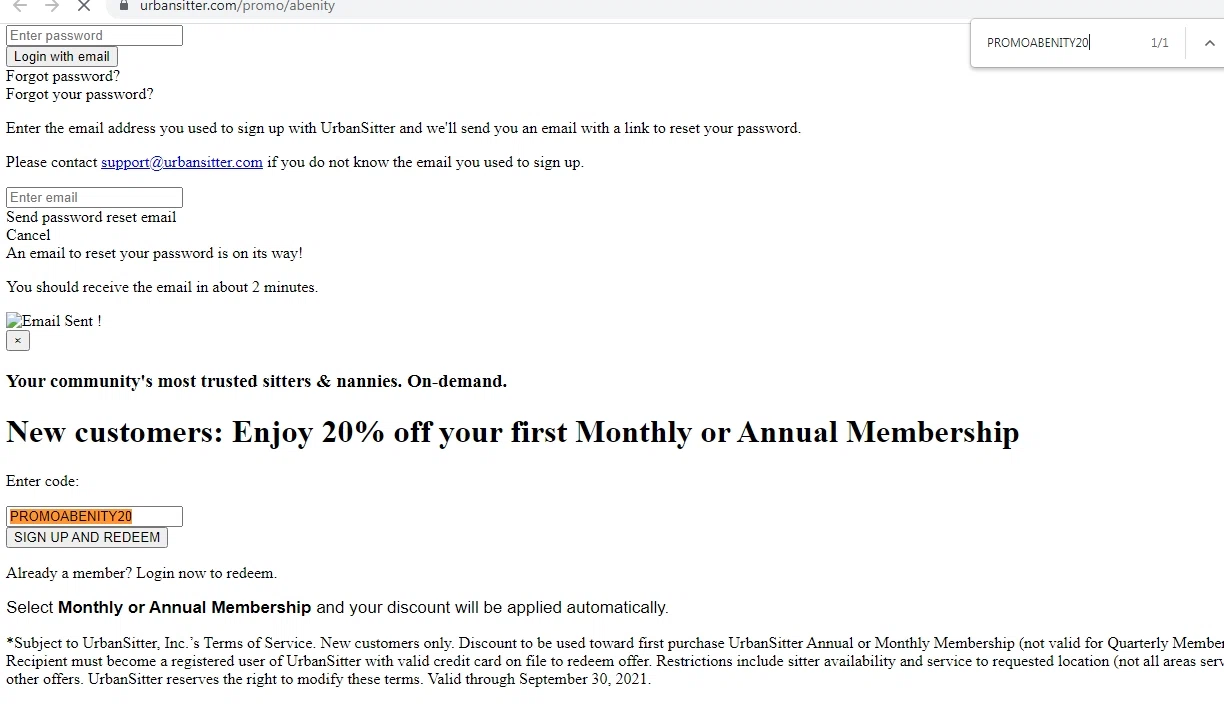 UrbanSitter checkout page showing UrbanSitter promo code box | Screenshot taken by SimplyCodes community member on Aug 1, 2021