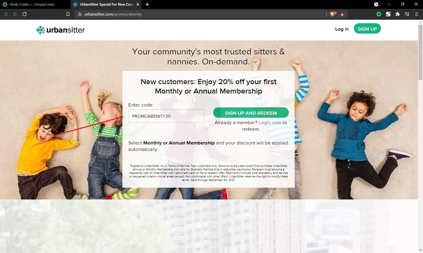 UrbanSitter checkout page showing UrbanSitter promo code box | Screenshot taken by SimplyCodes community member on Jun 26, 2021