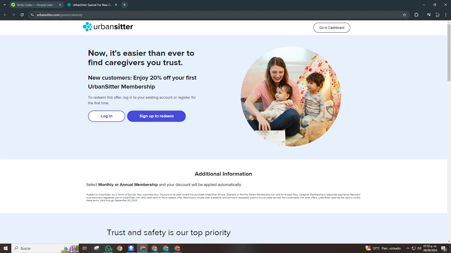 UrbanSitter checkout page showing UrbanSitter promo code box | Screenshot taken by SimplyCodes community member on Sep 8, 2024