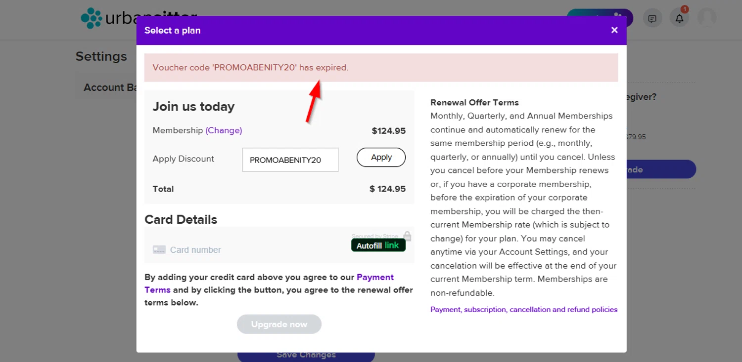 UrbanSitter promo code screenshot showing code PROMOABENITY20 applied at UrbanSitter checkout page. Uploaded by SimplyCodes community member SimplyCVerlie on Mar 12, 2025