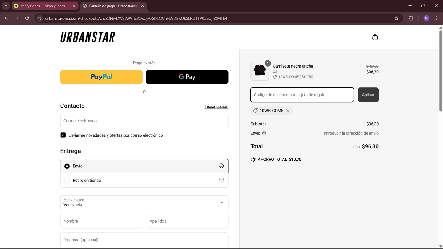Urbanstar discount code screenshot showing code 10WELCOME applied at Urbanstar checkout page. Uploaded by SimplyCodes community member MightyShopper3015 on Mar 30, 2025